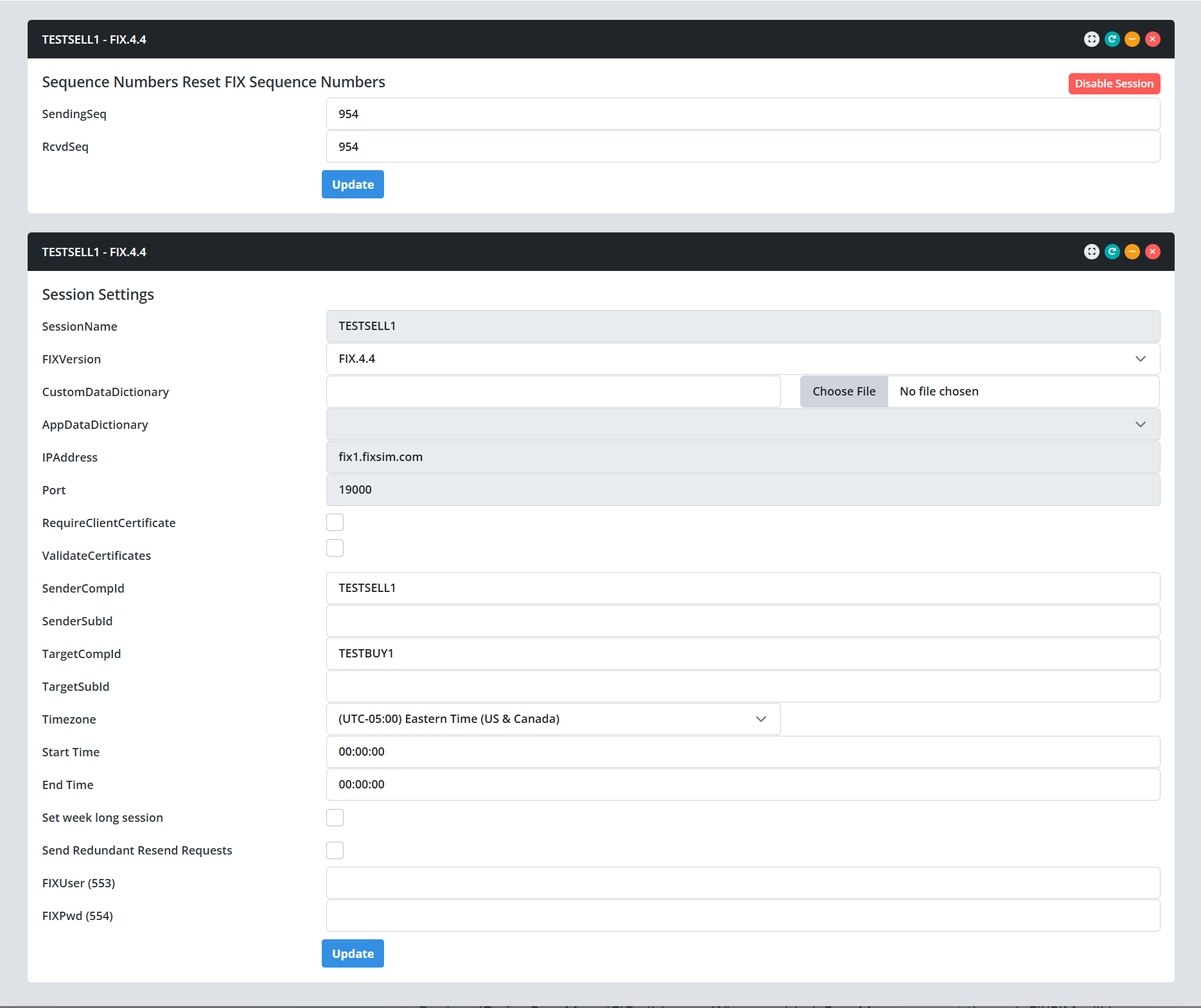 Report FIX session Settings.